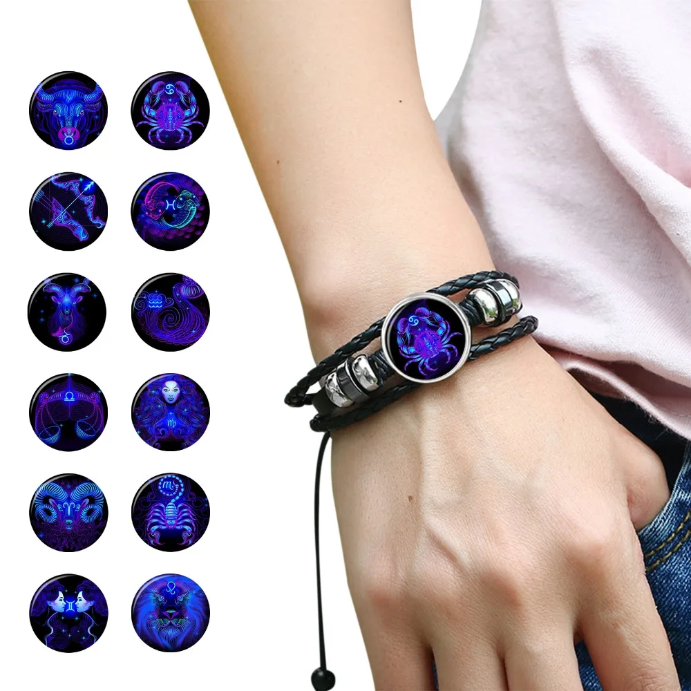 

Charm Punk Men's Bracelet 12 Zodiac Zodiac Black Woven Leather Bracelet Leo Virgo Libra Woven Glass Dome Men's Jewelry Gift