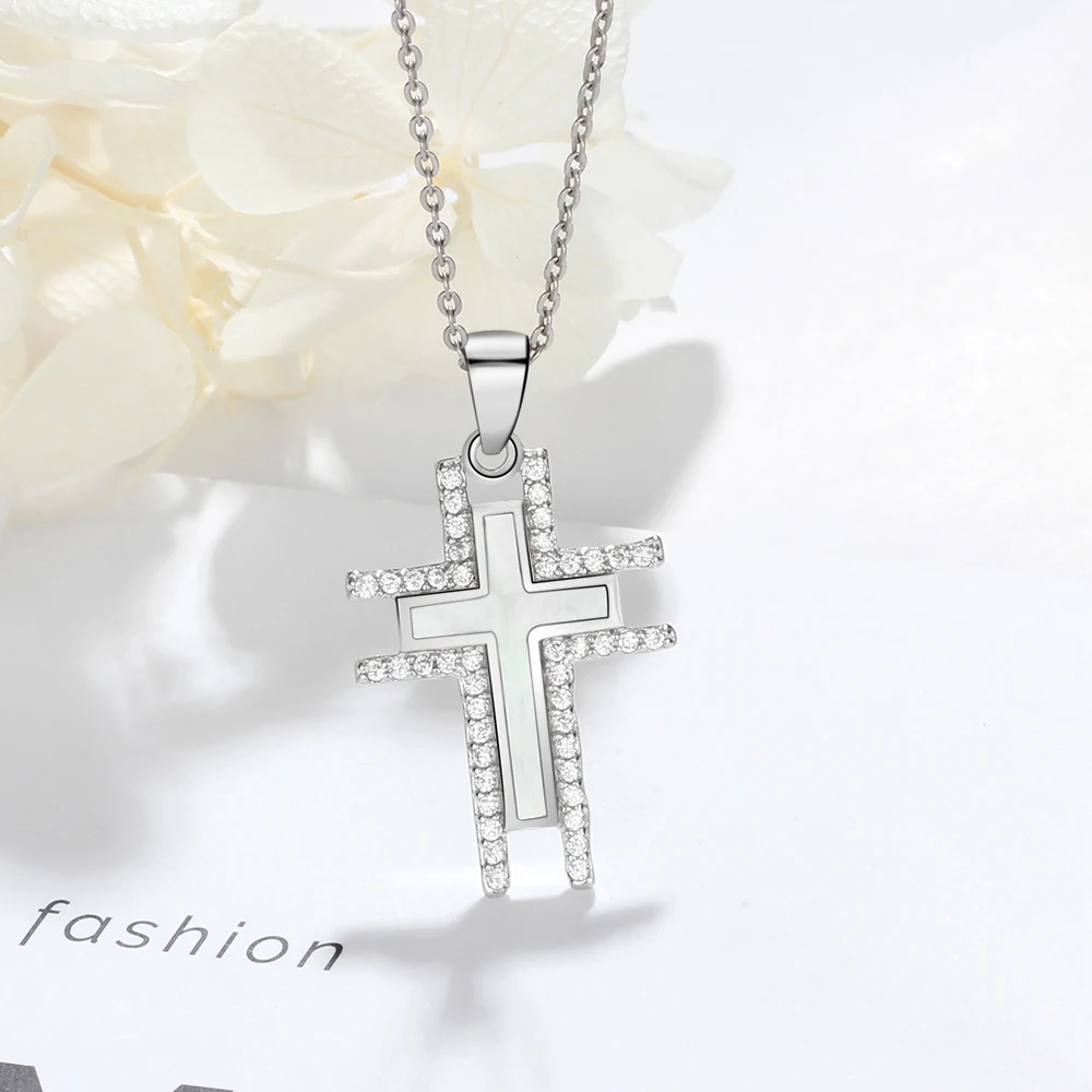 925 Silver Necklace For Women Cross Pearl Oysters Pendants Cubic Zirconia Religious Jewelry Hot Sale (Jewelora NE102574)
