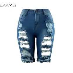 Laamei 2018 пикантные Для женщин Европейский Стиль Половина Рваные джинсы Высокая Талия улица Hole стрейч потертые штаны облегающие, рваные по