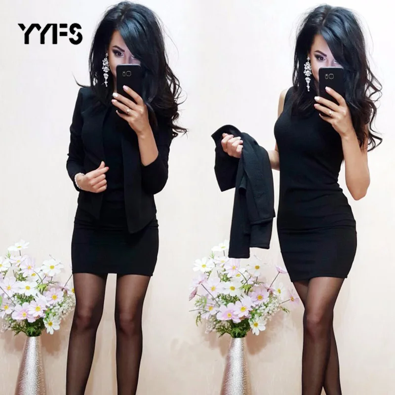 

Two Pieces Womens Sexy Sheath O-Neck Mini Dress+Casual blazer Suits formal 2019 New Fashion Slim Career Set trajes mujer