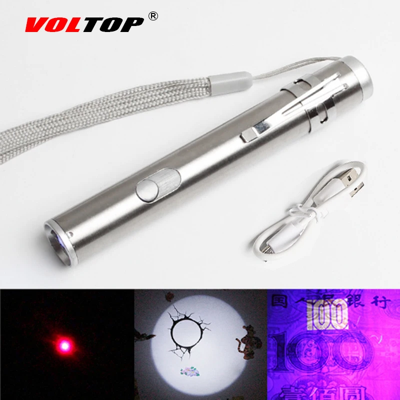 

VOLTOP 3 in 1 Mini Alloy Flashlight Keychain LED UV Red Laser Pointer Pen Lamp Lighting Torch Pendant Key Ring USB Charging