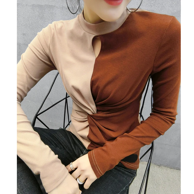 Apricot khaki tshirt Корейская новая футболка контрастного цвета с крестиком, Осень-зима, Топ с длинным рукавом, одежда, Camiseta Mujer, приталенная рубашка T97308 - Цвет: Apricot khaki tshirt