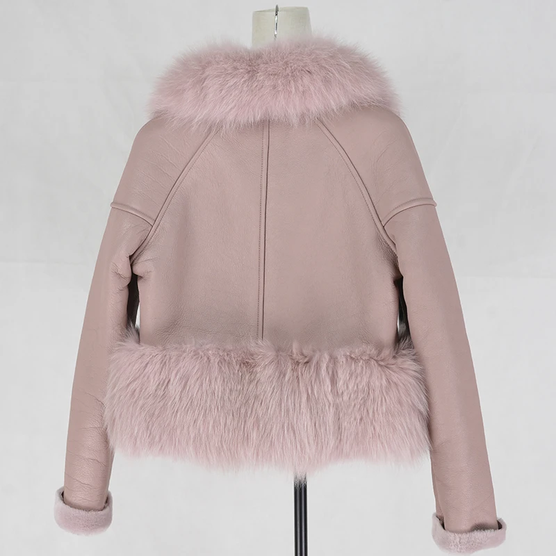 Розовое натуральное меховое зимнее пальто Женская мода куртка из натурального шерстяного меха женские пальто толстая теплая стрижка овец с воротником из лисьего меха