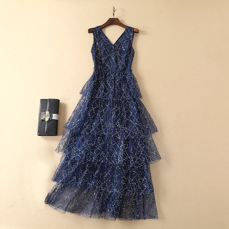 

HIGH QUALITY Newest Fashion 2019 Designer Runway Dress Women's Sleeveless Cascading Ruffle Gauze Long Dress