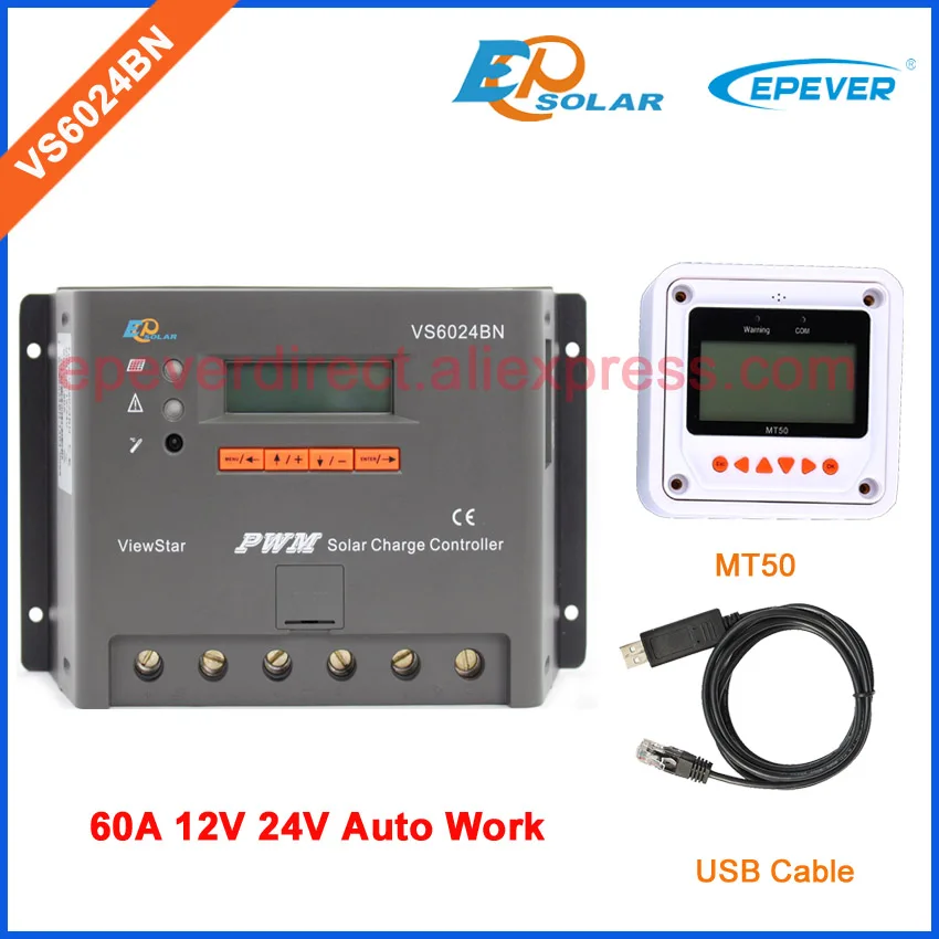 EPEVER PWM контроллер 60A 60amp Солнечный портативный контроллер с mt50 пультом дистанционного управления VS6024BN 12 В 24 В автоматическая работа - Цвет: with MT50 and USB