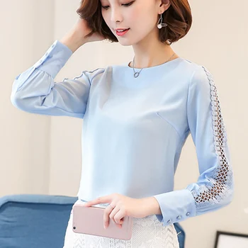 

Women's Lace Hollow Out Blouse Tops Long Sleeve O-neck Summer Shirt Female 2020 Spring Solid Office Lady Womens Tops And Blouses
