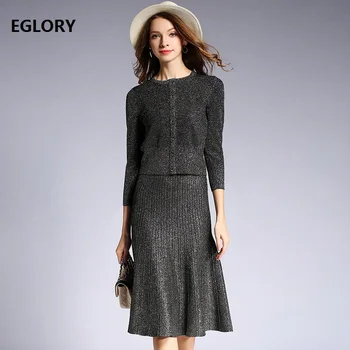 

Top Quality Designer Clothes Suit 2019 Spring Autumn Sweater Set Women Knitted Sweater Cardigan+Mid-Calf Length Knitting Skirt