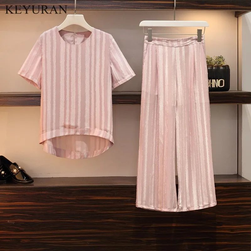 

Summer Plus Size Women Suits 2 Piece Pants Sets Fashion Chiffon Shirt And Loose Pants office Party Casual Female Streetwear 2997