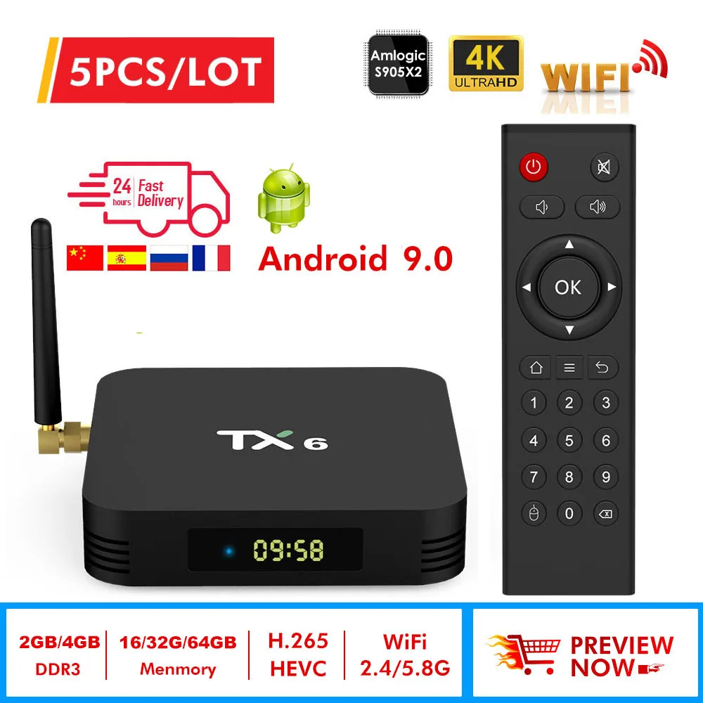 5 шт. TX6 Smart tv BOX Android 9,0 четырехъядерный ARM Cortex-A53 USB3.0 4G+ 64G 2,4G/5G двойной wifi BT4.1 4K Neftflix Google телеприставка