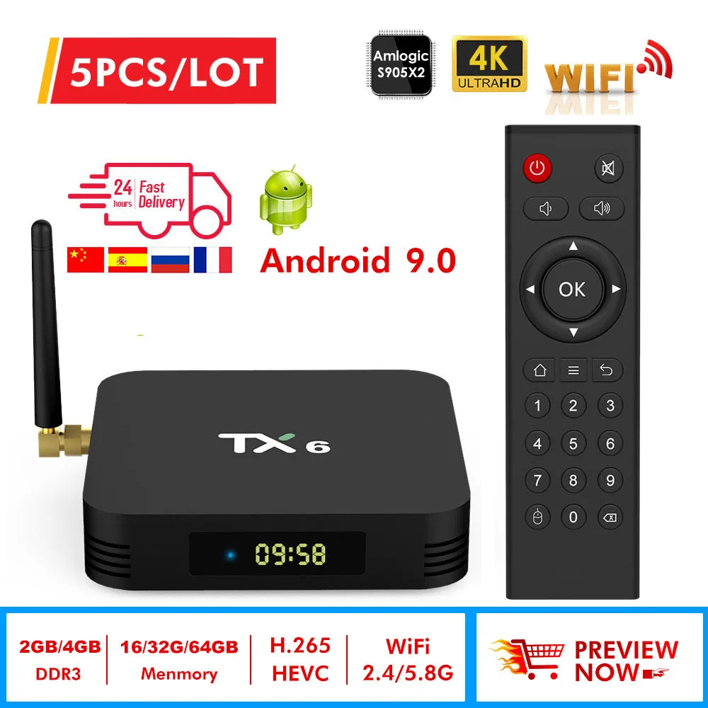 

5pcs TX6 Smart TV BOX Android 9.0 Quad core ARM Cortex-A53 USB3.0 4G+64G 2.4G/5G Dual WIFI BT4.1 4K Neftflix Google Set Top Box