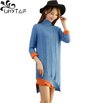

UHYTGF Autumn winter sweater women Knitted turtleneck Thicken Pullover sweater female Inside plus velvet warm Sweaters coat 1201
