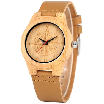 

Cool Carving Compass Design Round Wooden Watch Women's Quartz Watches Brown Genuine Leather Watchband Stylish Female Wood Clock