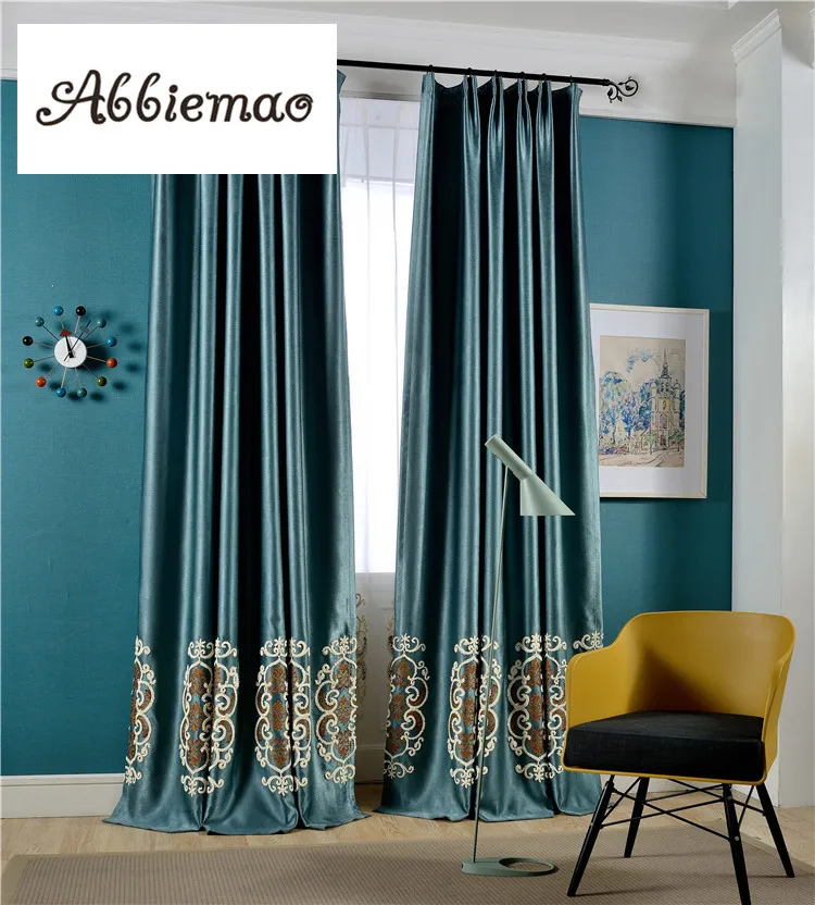 

Abbiemao European Style Pearl Velvet Full blackout Curtains Towel Embroidered Window Treatments Blue Vertical Drapes