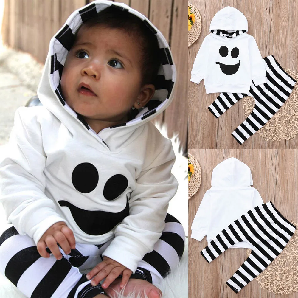 

Winter Cute Kids Baby Boys Halloween Clothes Long Sleeve Hooded Pullover Tops +Striped Pants 2PCS Halloween Outfits Set 12M-4T