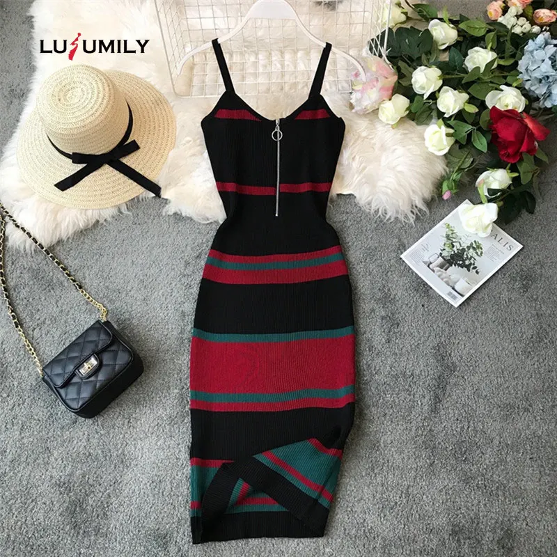 

Lusumily 2019 Slim Summer Striped Knitted Cotton Sheath Long Dress Women Spaghetti Strap Casual Dresses Party Bodycon Vestidos