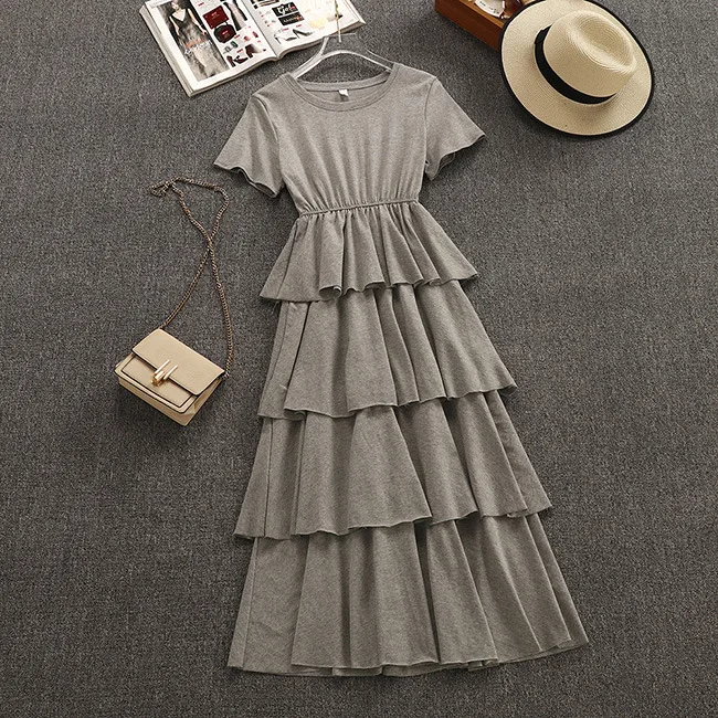 

2019 Summer New Preppy Style O Neck Fresh Sweet Super Fairy Layer Dress Elastic Waist Cotton Short Sleeve Dress Free Shipping