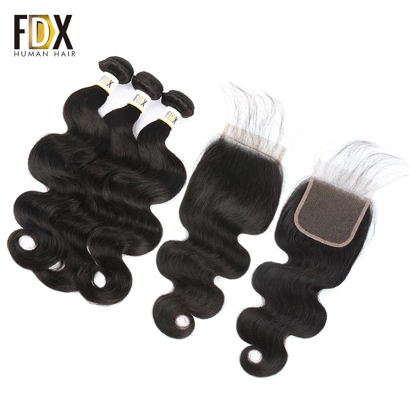 

FDX cambodian hair body wave bundles with closure remy 4x4 lace closrue 130% density 8-28 inch
