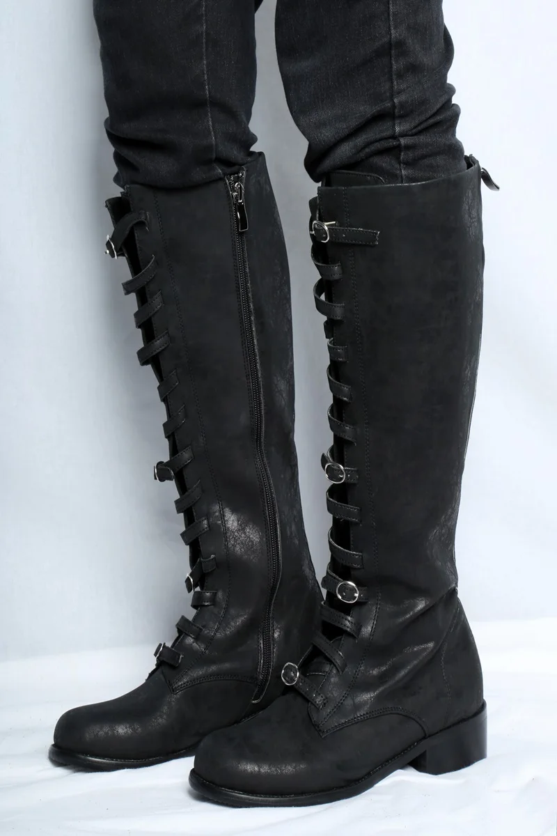 women retro motorcycle boot multi buckle strap knee boots low heel ...