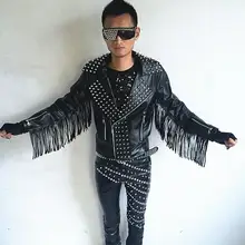 Модные мужские DJ DS костюм с заклепками в стиле «панк» для Галлея Мотоцикл кисточкой кожаная одежда куртка Мужской певица одежда m-3XL