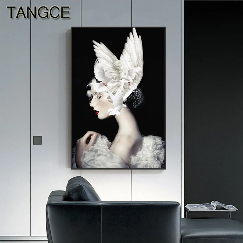 

Charming Girl Pigeon on Head Canvas Painting Meditation Beauty Posters Print Modern Wall Picture for Living Room Decoration Home