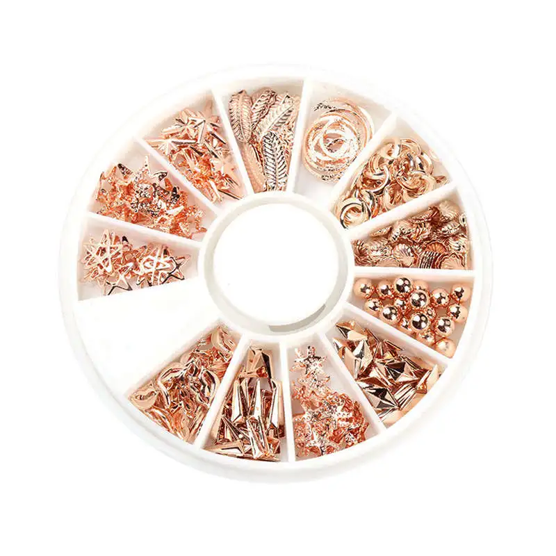 

1 Box Rose Gold Star Moon Studs Seastar Shell Beads Mouth Leaf Cross Alloy Nail Art Decorations 3D Manicure Diy Accessory