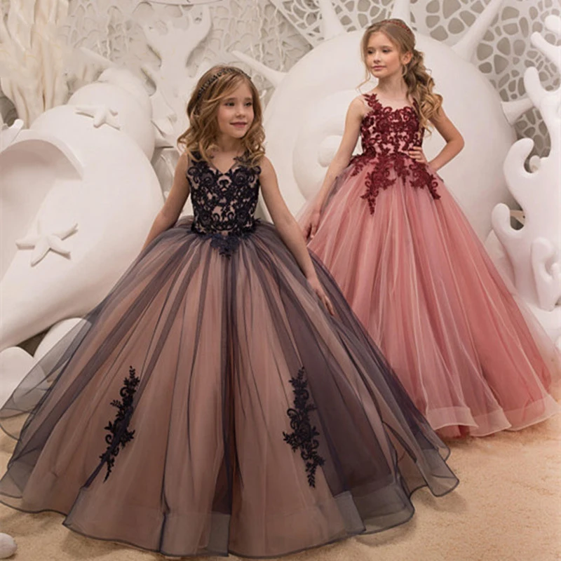 

Fancy Tulle Girls Pageant Dress Butterfly Applique Pink Kids Sleeveless Evening Prom Party Gowns Communion Dresses Girl Clothing