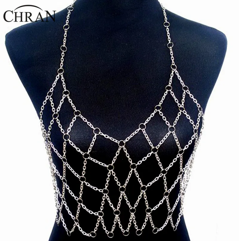 

Chran Full Metal Body shoulder Chain Long Silver Gold Layered Europe Mesh Bib Necklace Bikini Harness Belly Dancer Dress Jewelry