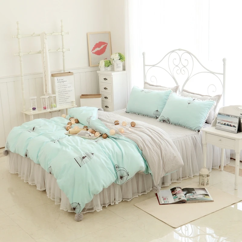 Washed Linen Cotton Korean Princess Lace 3 4pcs Bedding Sets