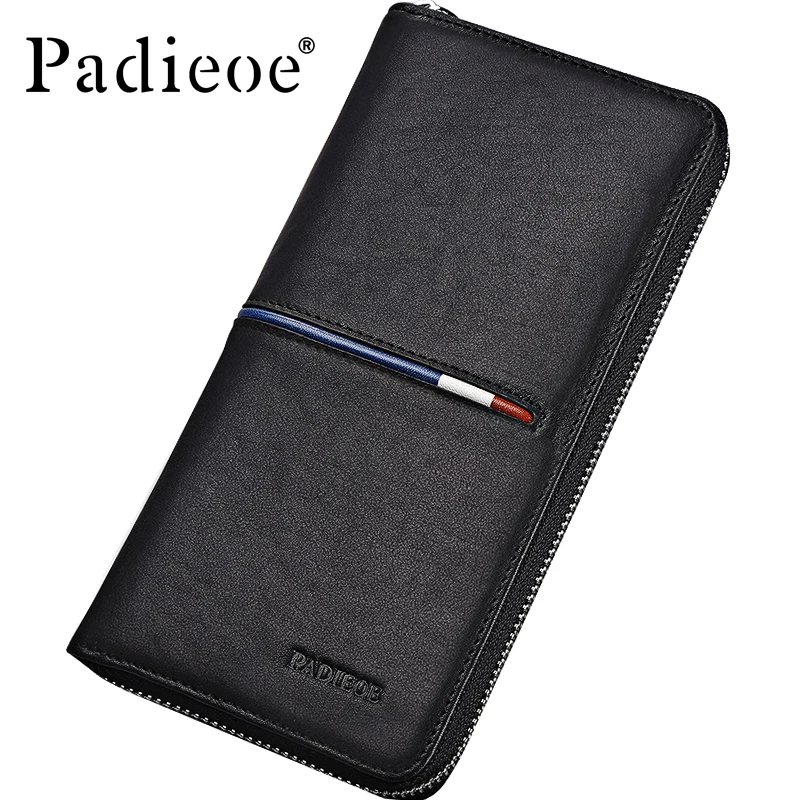 

Padieoe Designer Male Clutch for Phone Men Genuine Leather Long Zipper Wallet with Card Holder Korean Money Wallet Clip Black