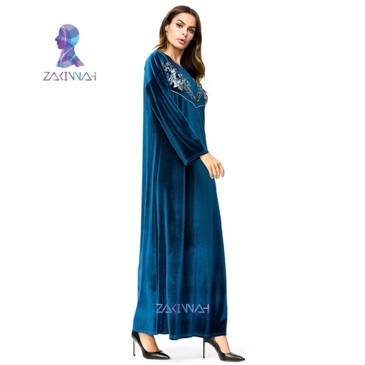 Dark blue 7262 Европа и Америка вышитые модные замшевые осенне-зимние темно-синие платья средние восточные мусульманские турецкие Дубай женский халат - Цвет: Dark blue