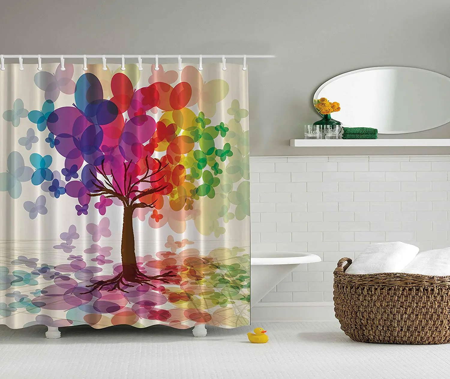 

Shower Curtain Large Colorful Spring Season Tree Butterflies Reflection Leaves in Rainbow Colors Ombre Pastoral