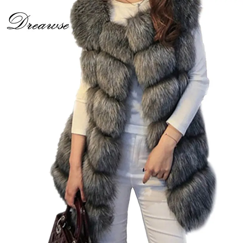 Dreawse, S-4XL, женский меховой жилет, зимний, теплый, из искусственного лисьего меха, жилет для женщин, высокого качества, с круглым вырезом, длинное, меховое пальто, кардиган, Mujer, MZ1657