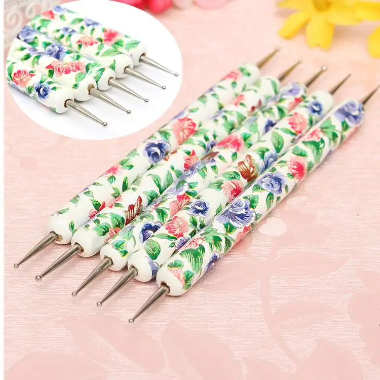 

5pcs/set 2 way Nail Art Brush Flower Wood Dotting Dot Pen Spot Rhinestones Crystal Tips Drawing Painting Acrylic Polish Gel Tool