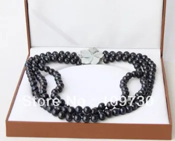 

Jewelry 0015204 AA+ 3row 10mm round black Freshwater pearl necklace seashell clasp