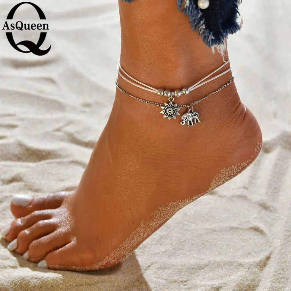 Vintage Alloy Sun Elephant Ankle Bracelet for Women Boho Double Layer Chain Anklet Bohemian Foot Jewelry Drop shipping | Украшения и