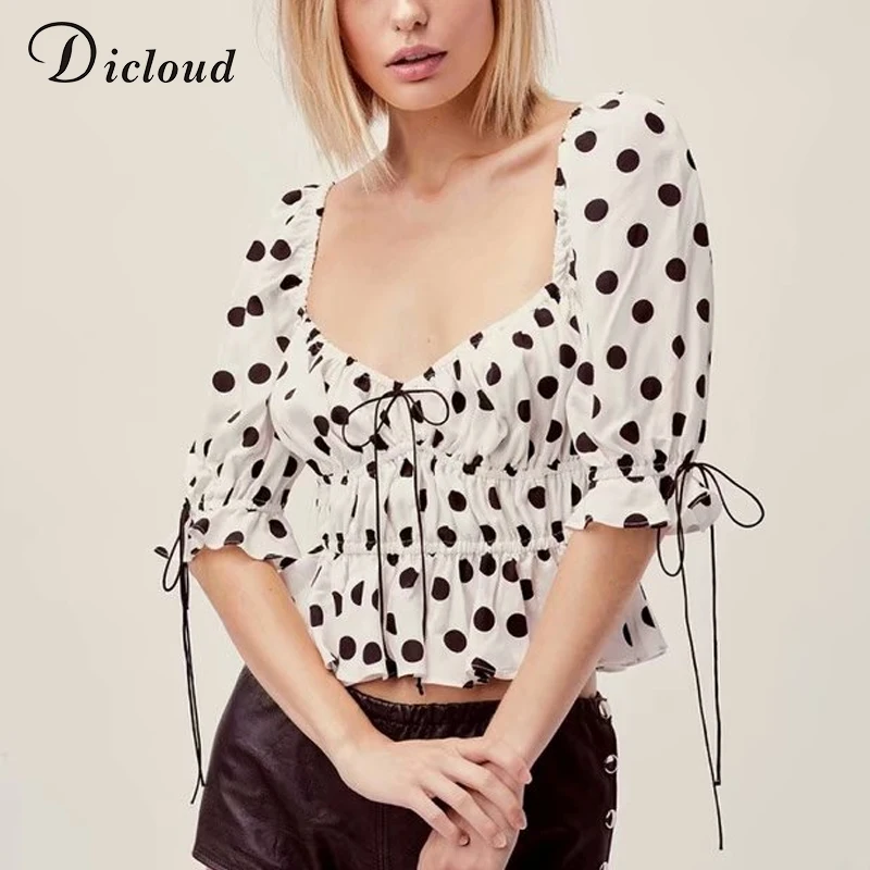 DICLOUD вигтаж шифоновые укороченные женские топы и блузки в горошек Летняя рубашка