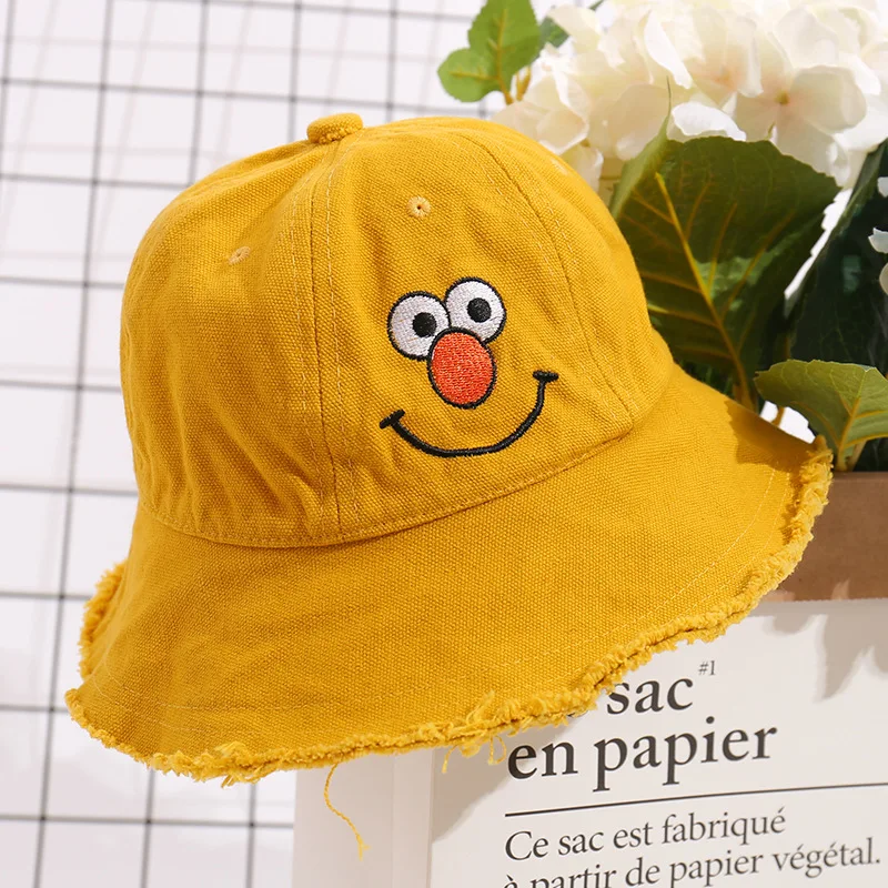 

Cute Cartoon Bucket Hat Kids Fisherman Hats Summer Outdoor Hunting Cap Solid Color Seasame Street Character Flat Cap for Boy