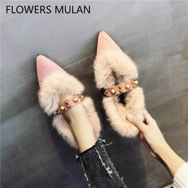 

Korean Style Women Loafers Pink Black Suede Upper Zapatos De Mujer Chic Pointed Toe Slip On Female Mules Gold Studded Fur Shoes