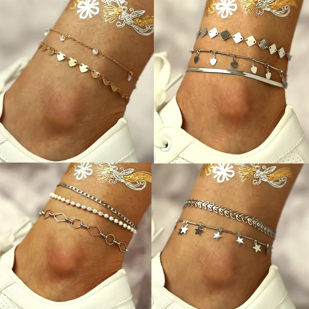 

Bohemian Anklet Set Multi Layer Anklet Bracelets For Women Shell Turtle Heart Star Fish Bee Arrow Geometric Beads Anklets Set