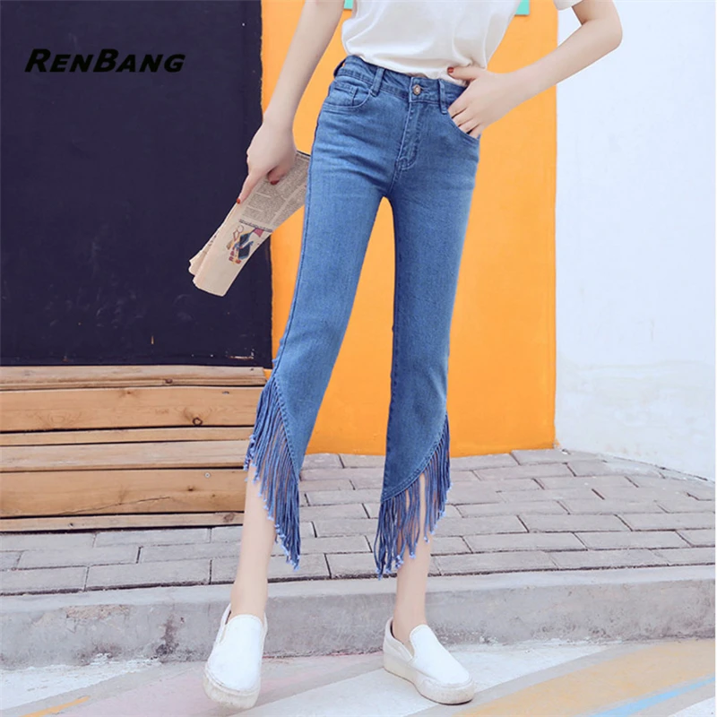 RENBANG 2018 Весна Новый кисточкой Джинсовые штаны Для женщин Зауженные джинсы