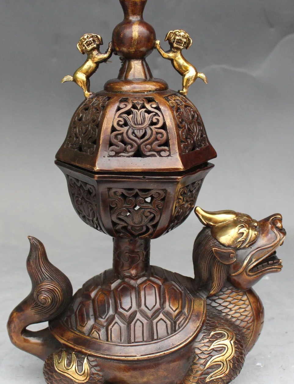 

free shipping 12" Chinese Bronze Gilt Dragon Tortoise Turtle Lion incense burner Censer Statue