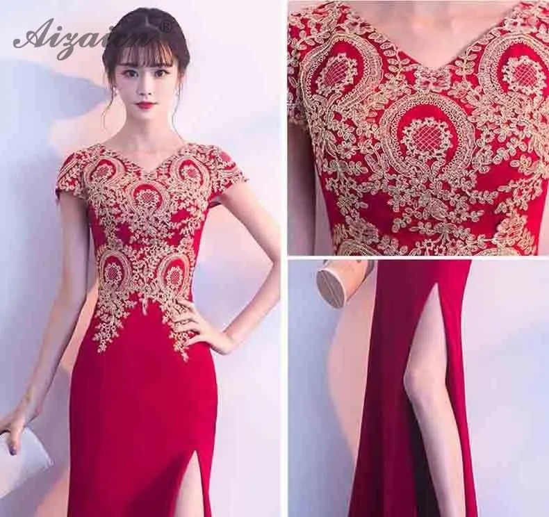 Невесты 2019 новые красные пикантные вышивка Cheongsam Русалка Длинные Qipao модные женские туфли китайский вечернее платье халат Qi Pao платья для