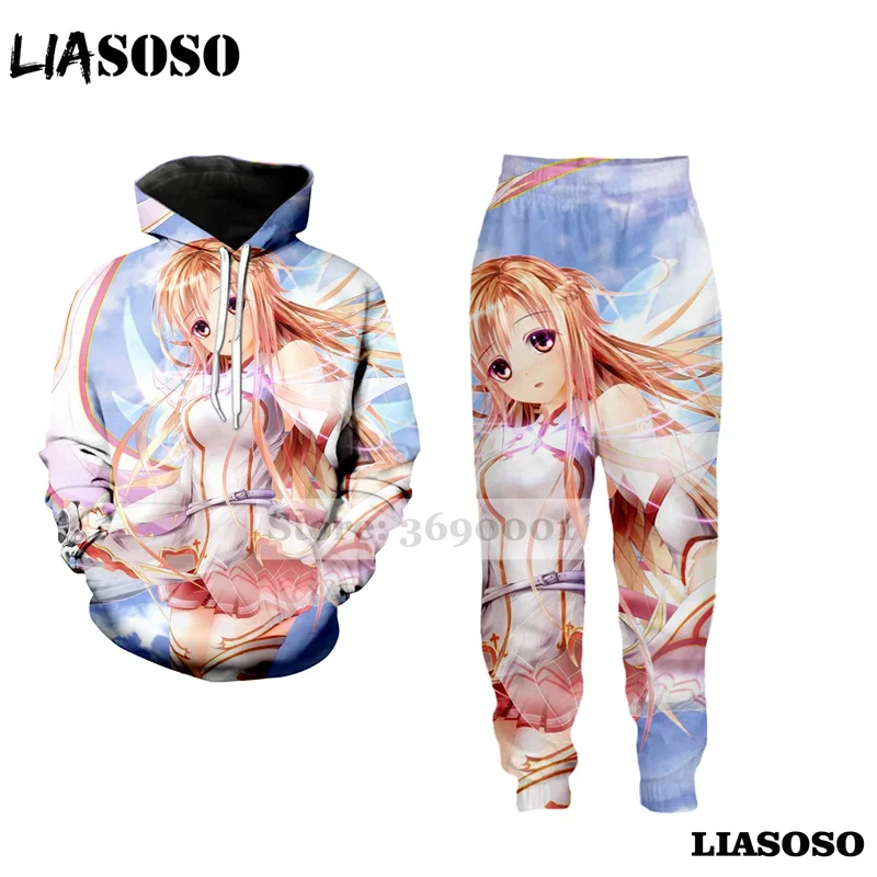 1 LIASOSO Harajuku Толстовка Толстовки с капюшоном комплект костюм Штаны 3D принт Штаны унисекс аниме Sword Art Online бег пот Штаны A672 - Цвет: 1