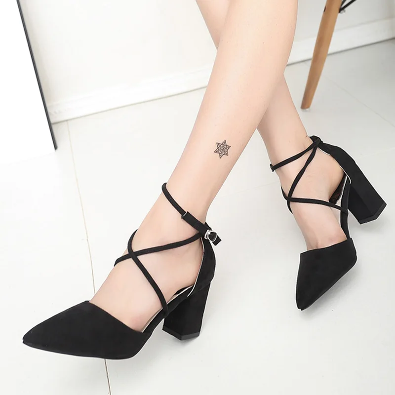 

2016 Summer Style Women Sandals Ankle Strap Pumps Pointed Toe Cross-tied Pump Cove heel Woman Medium Heels Shoes CY2205