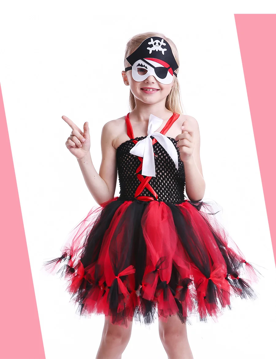 Girls Pirate Wench Tutu Dress with Skull Mask Petti Style Fluffy Halloween Tulle Dress Kids Fancy Photography Prop Dress Up (2)