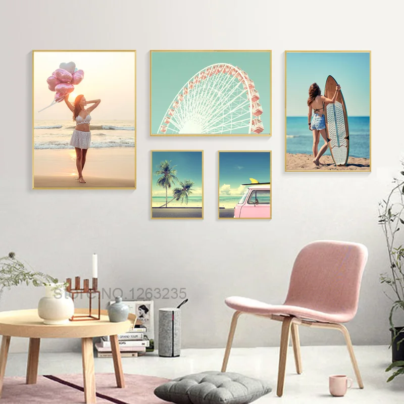 

Balloon Girl Cuadros Decoracion Coconut Tree Wall Art Pink Bus Nordic Poster Beach Pictures Print Canvas Painting Home Unframed