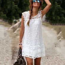 Женское летнее платье, женское повседневное кружевное короткое пляжное платье без рукавов с кисточками, мини-платье
