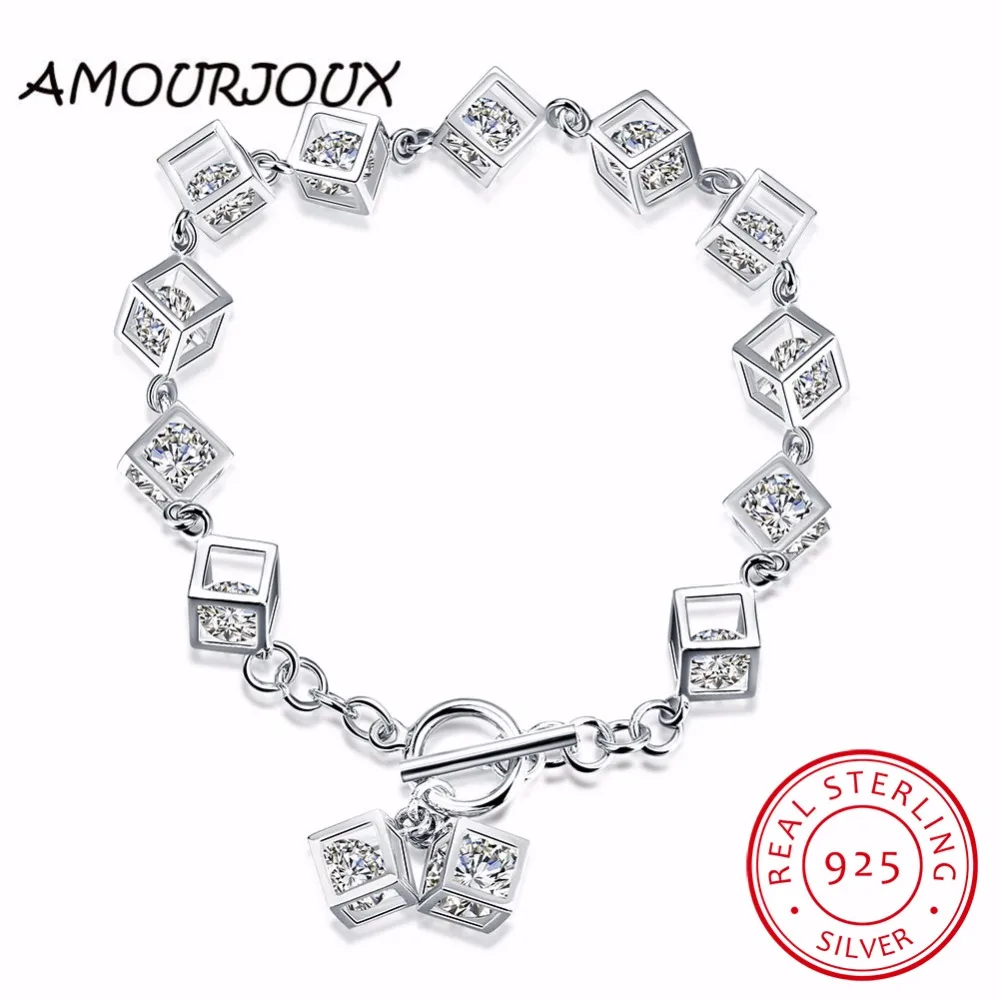 

AMOURJOUX Elegant 925 Sterling Silver Zircon Square Charm Bracelets For Women Silver 925 Bracelet Elegant Jewelry Best Gift