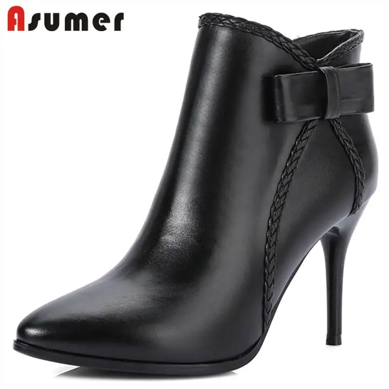 

ASUMER SIZE 34-42 2020 HOT fashion pointed toe ankle boots genuine leather boots thin high heels zip bowknot boots autumn boots