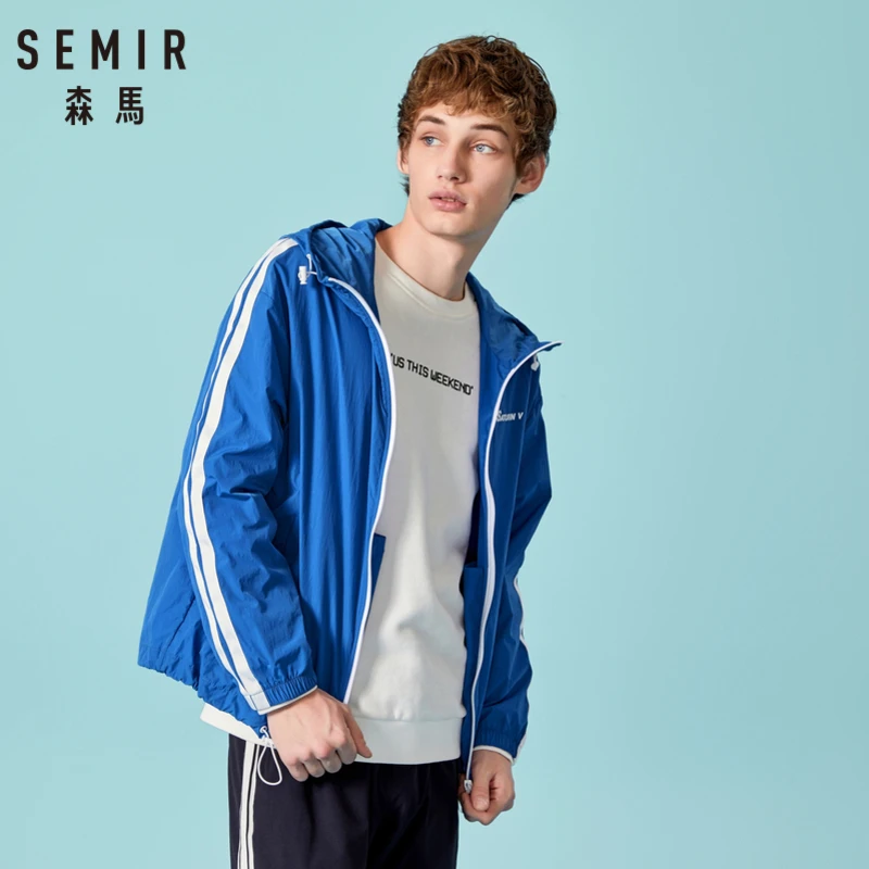 

SEMIR Men Side-Striped Sleeved Hooded Jacket with Full-Zip Men's Sport Zip Jacket with Drawstring Hood with Slant Pocket Spring
